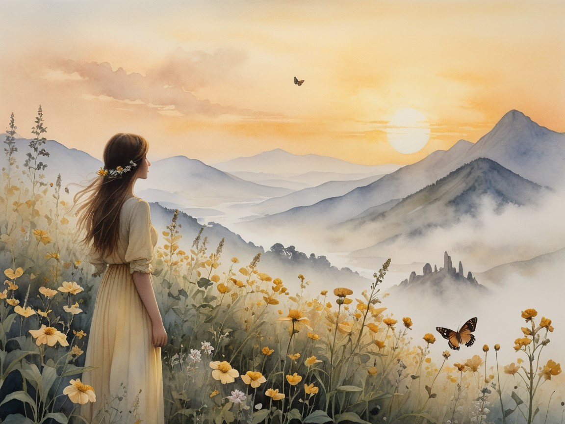 Serene Sunset Landscape with Young Woman and Wildflowers