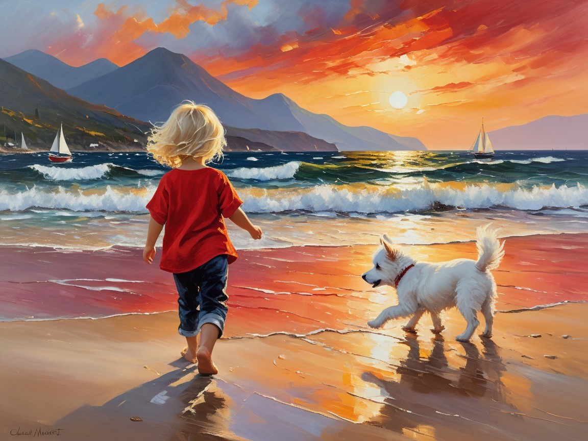 Child with Dog on Beach at Sunset with Vibrant Sky
