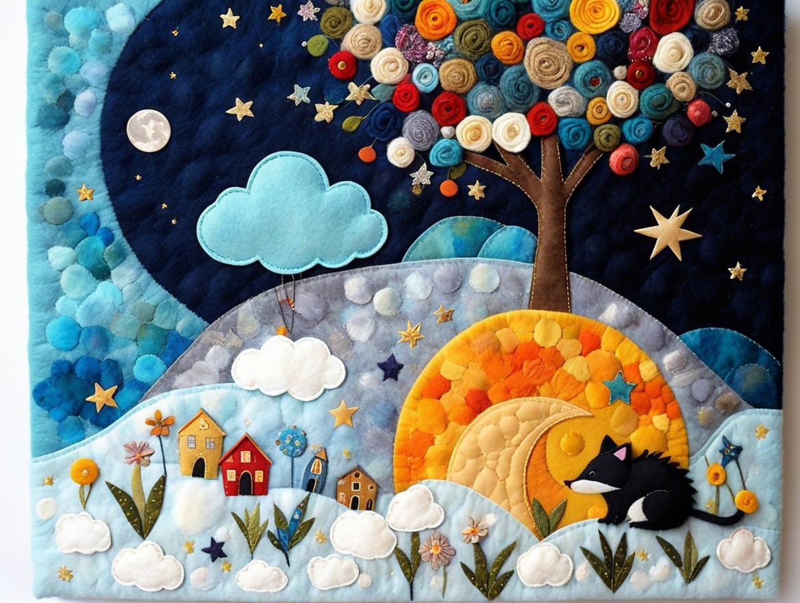 Whimsical Textile Art of a Colorful Tree and Landscape