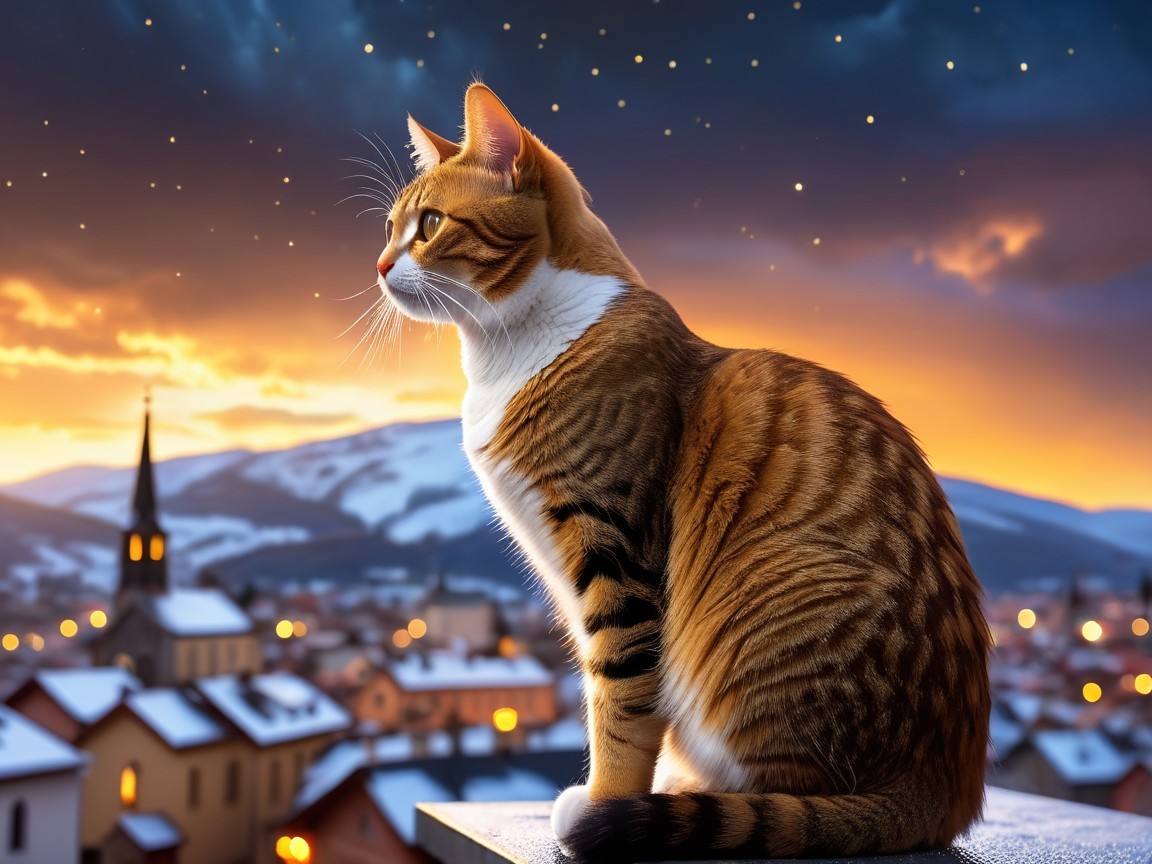 Tabby Cat on Ledge Overlooking Snowy Town at Sunset