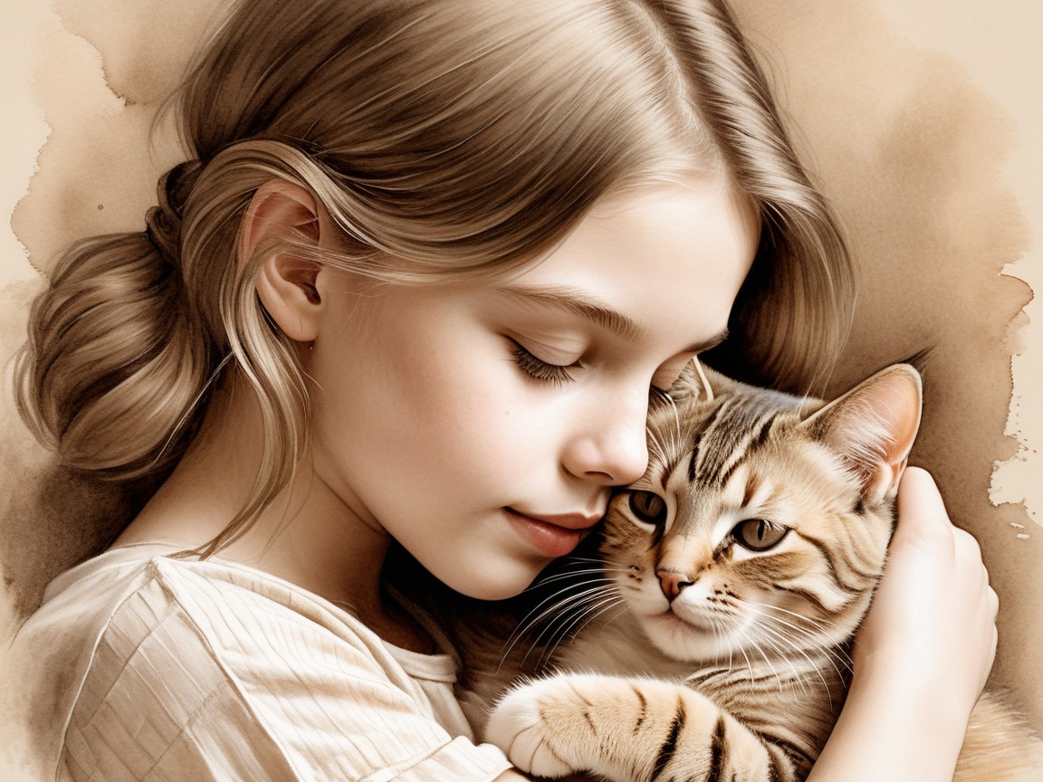 Young girl embraces striped cat in serene moment