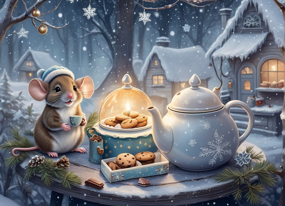 Whimsical Winter Scene with Mouse and Tea Setup