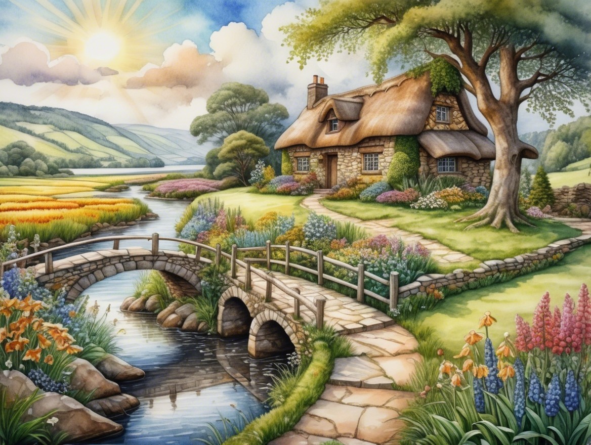 Charming Thatched Cottage by a Flowing River Scene