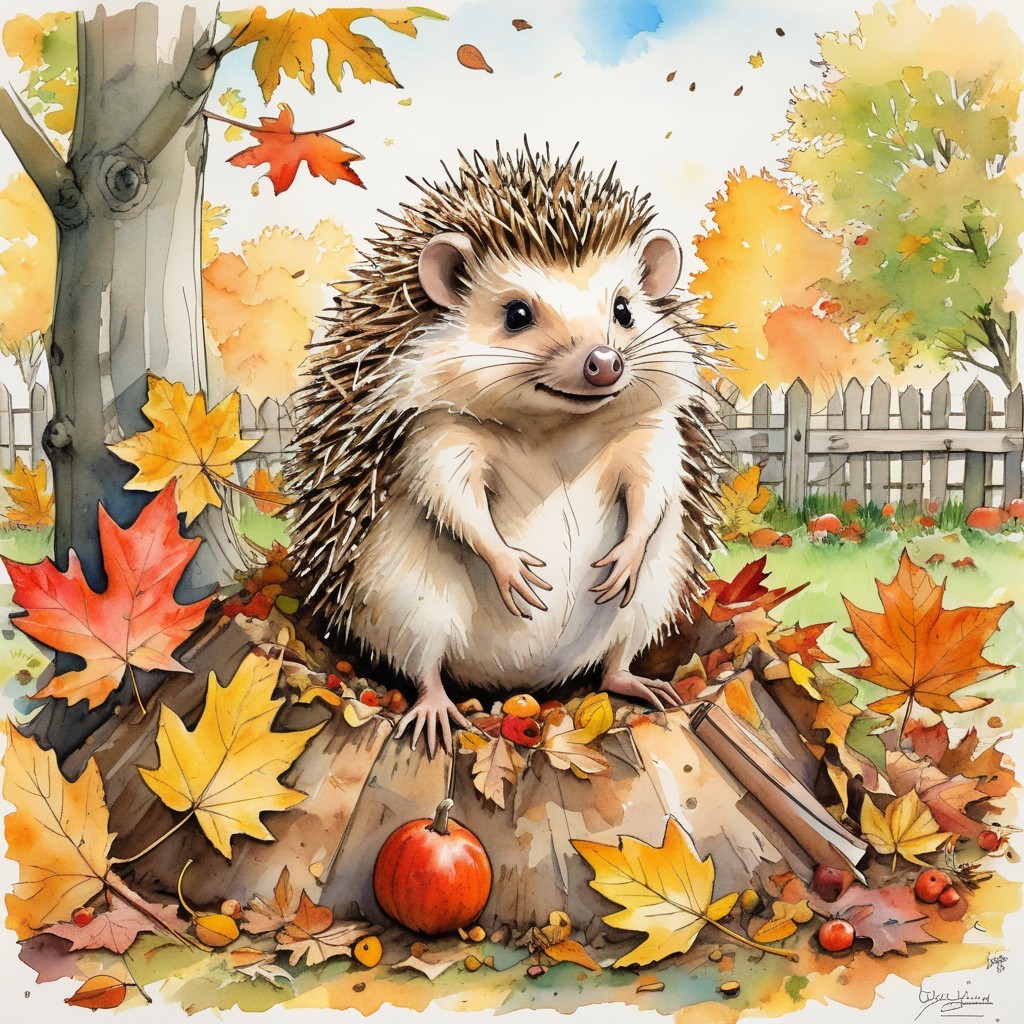 Hedgehog on Stump Surrounded by Autumn Foliage