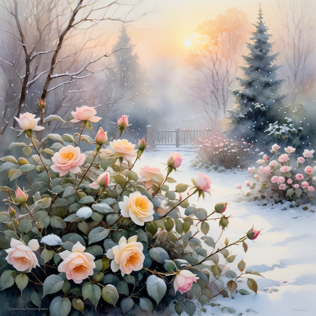 Winter Garden with Snow-Dusted Blooming Roses