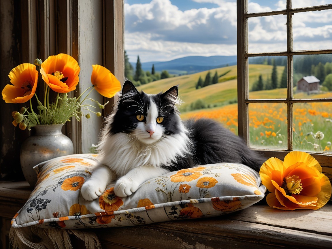 Black-and-white cat by window with floral pillow