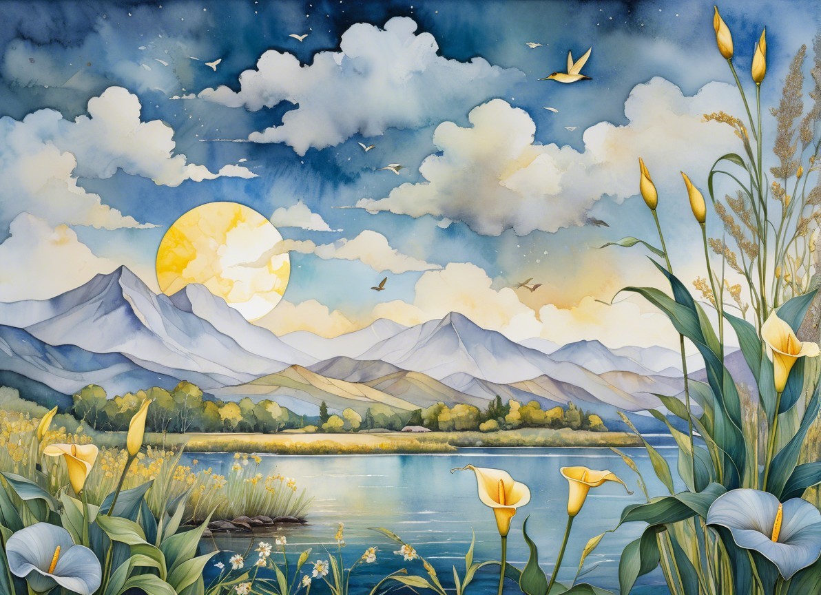 Serene Landscape with Mountains, Lake, and Calla Lilies