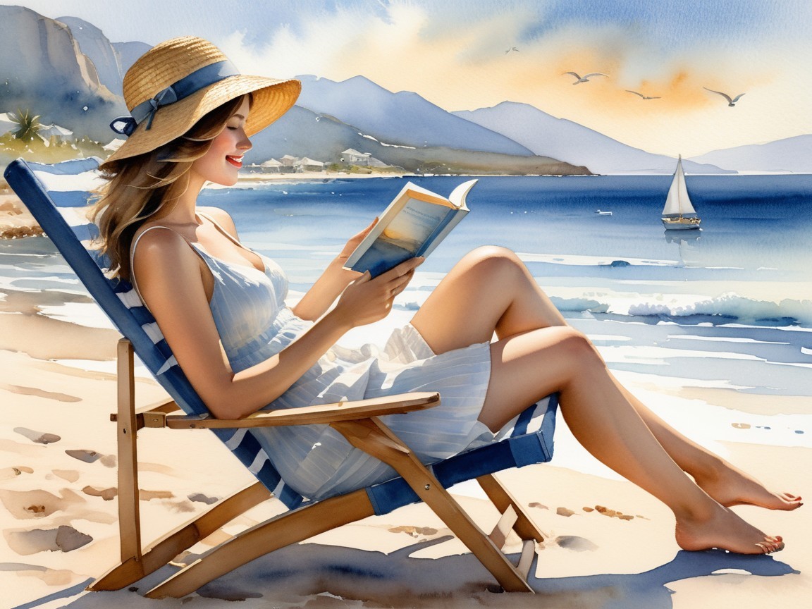 Serene Beach Scene with Woman Reading in Sunlight