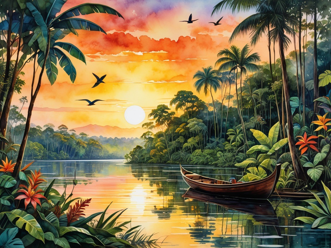 Serene River Scene at Sunset with Tropical Vegetation