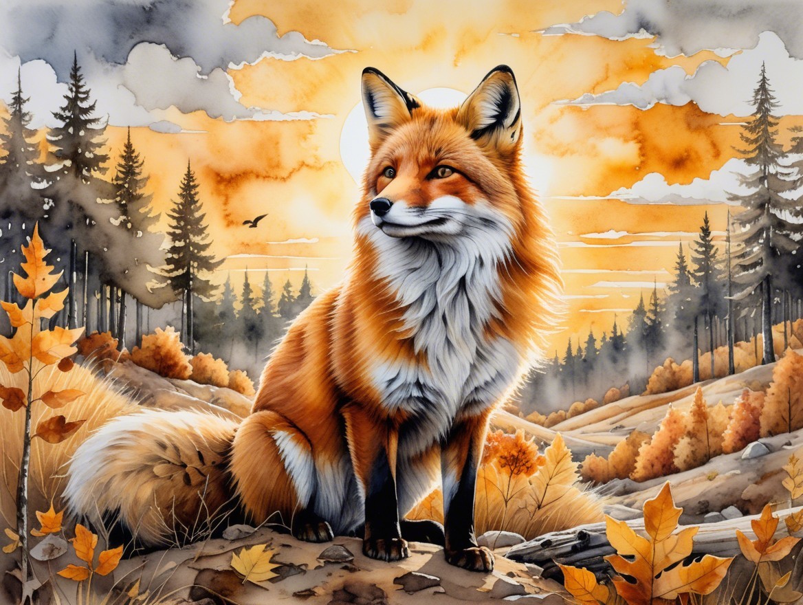 Majestic fox in autumn landscape at sunset