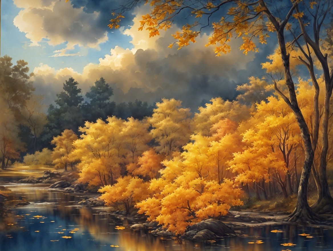 Autumn Landscape with Golden Foliage and Tranquil River