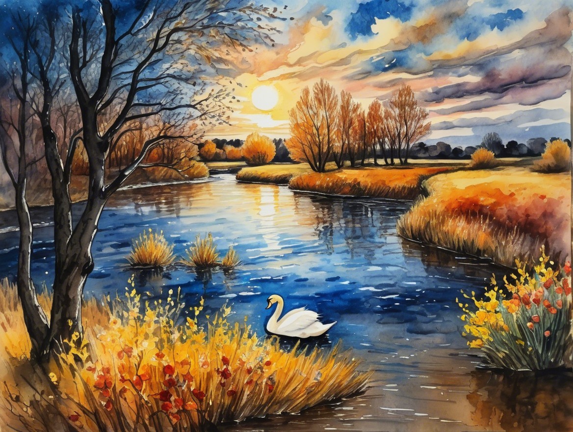 Tranquil Riverscape at Sunset with Silhouetted Trees