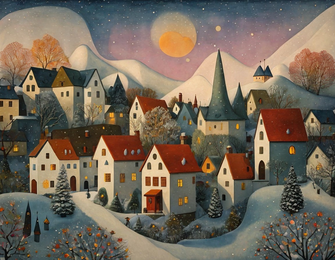 Winter Village Scene with Moonlight and Snowflakes