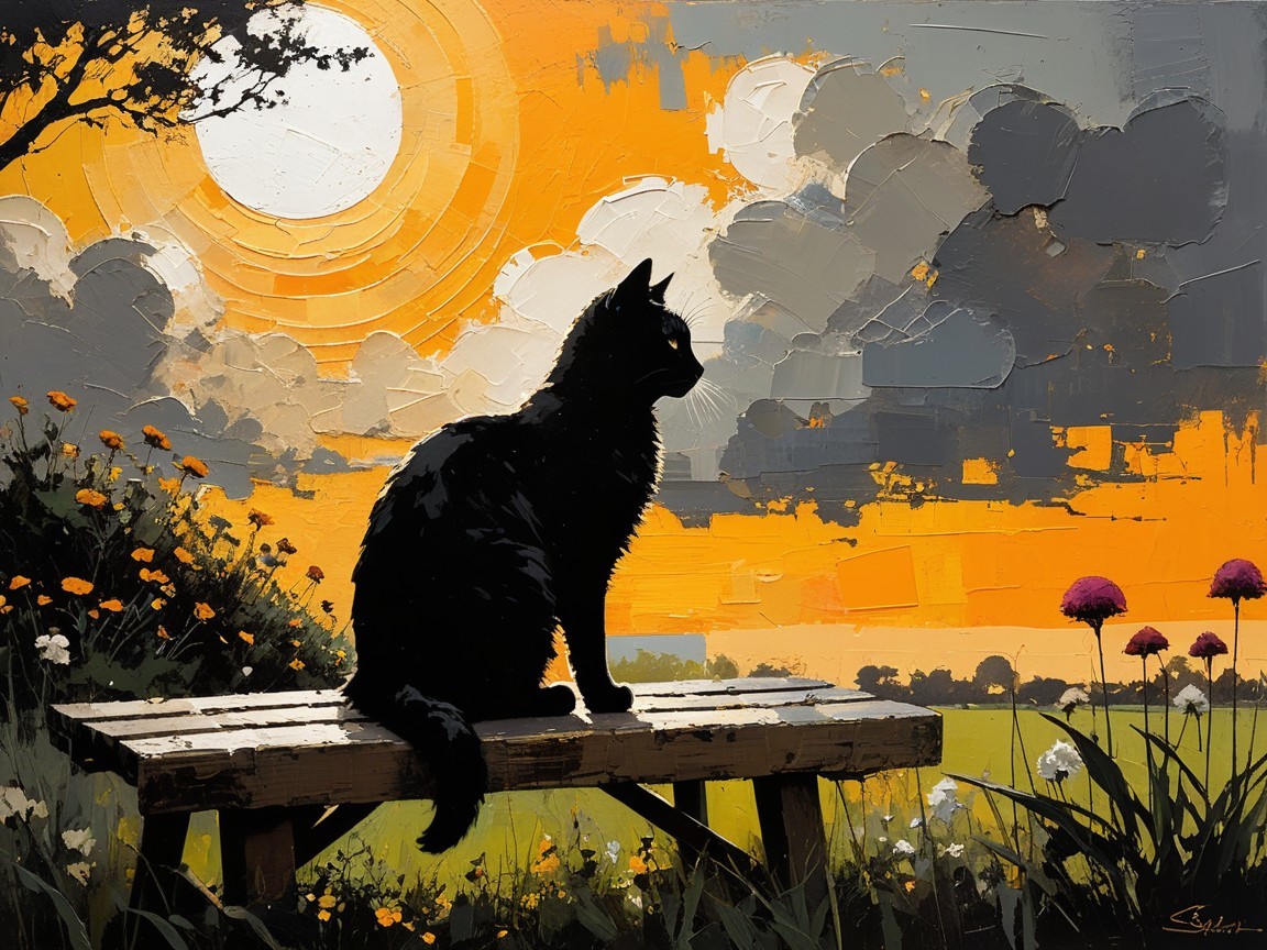 Black Cat Silhouette at Sunset on Wooden Bench