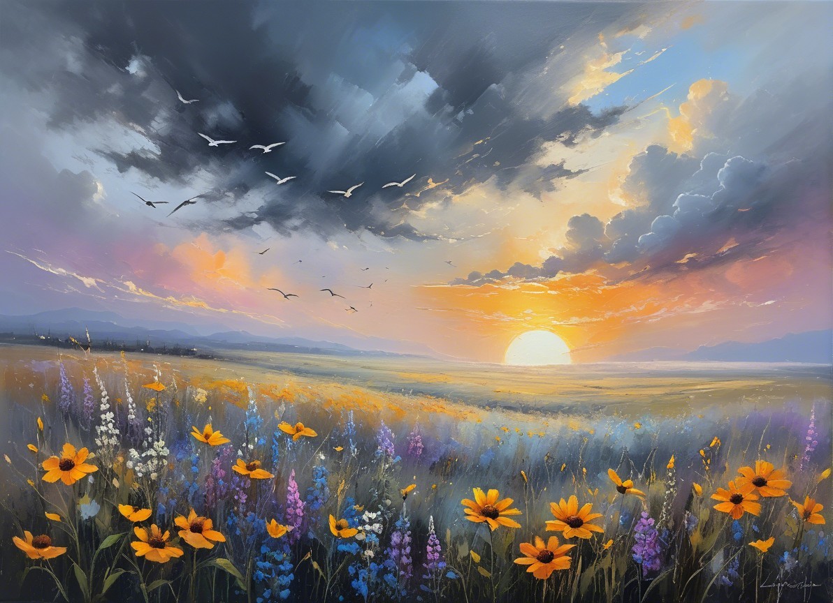Vibrant Sunset Over Wildflower Field and Mountains