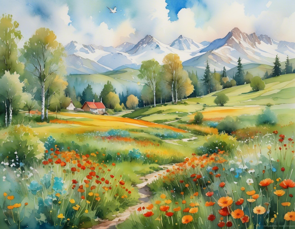 Vibrant Landscape with Hills, Wildflowers, and Mountains