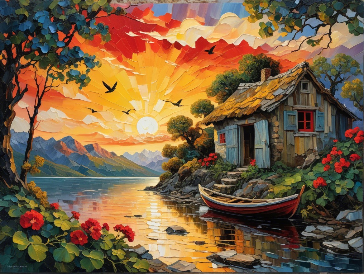 Vibrant Sunset Over Cottage by Tranquil Lake
