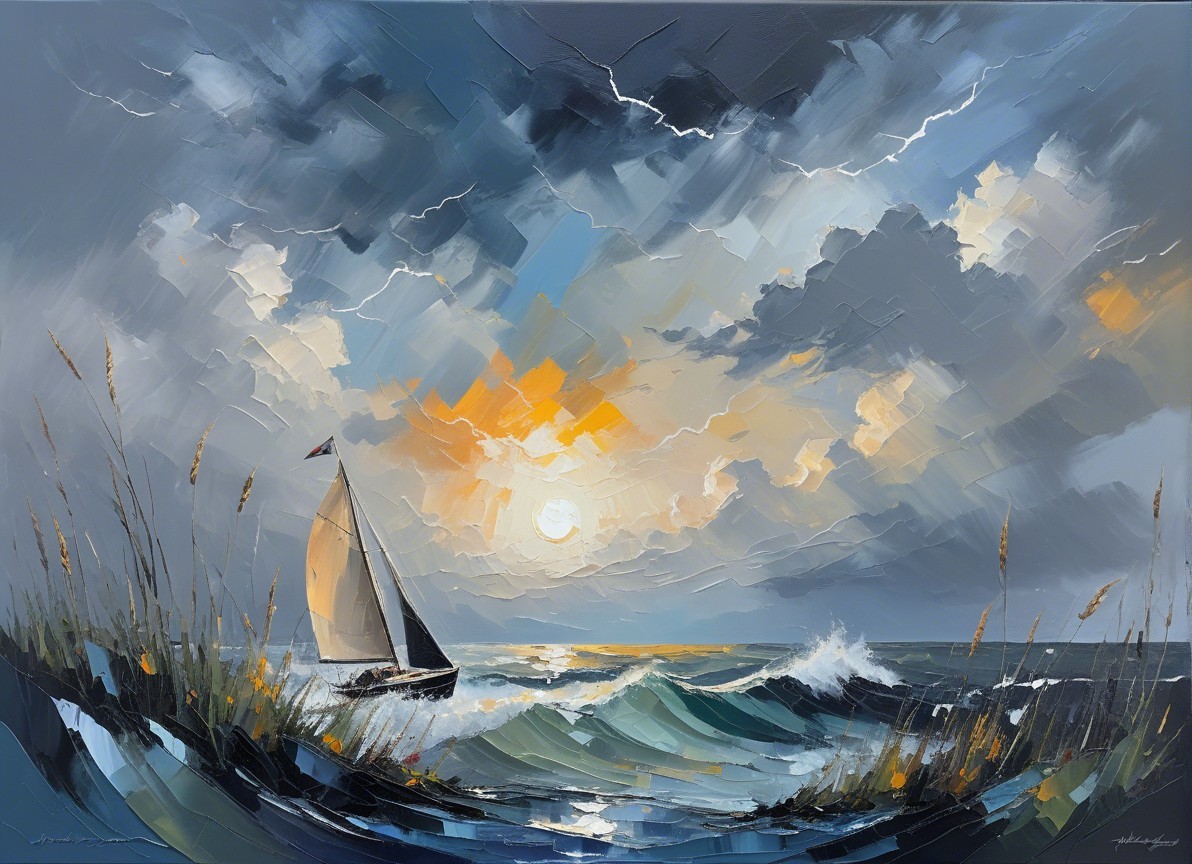 Vibrant Seascape with Sailing Boat and Dramatic Sky