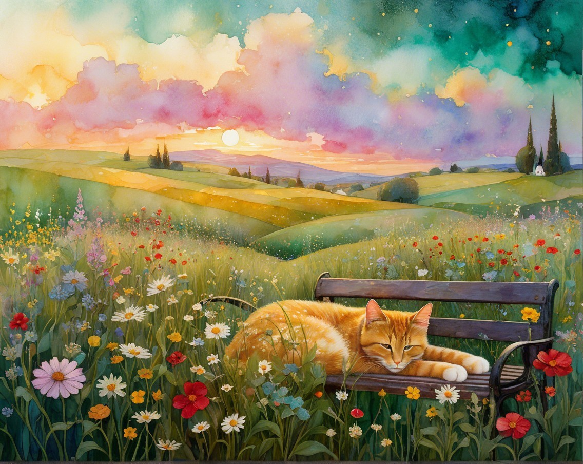 Watercolor Landscape with Cat on Park Bench