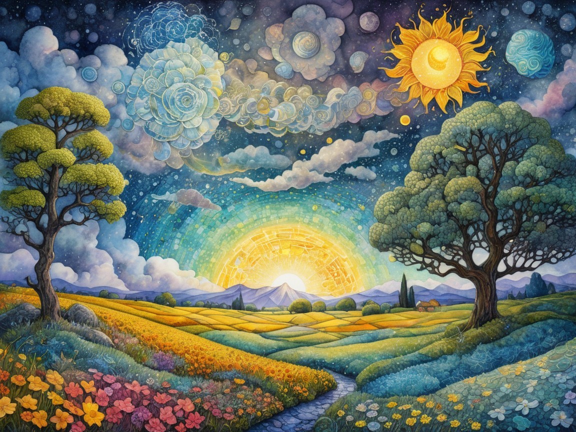 Vibrant Landscape with Colorful Flowers and Cosmic Sky