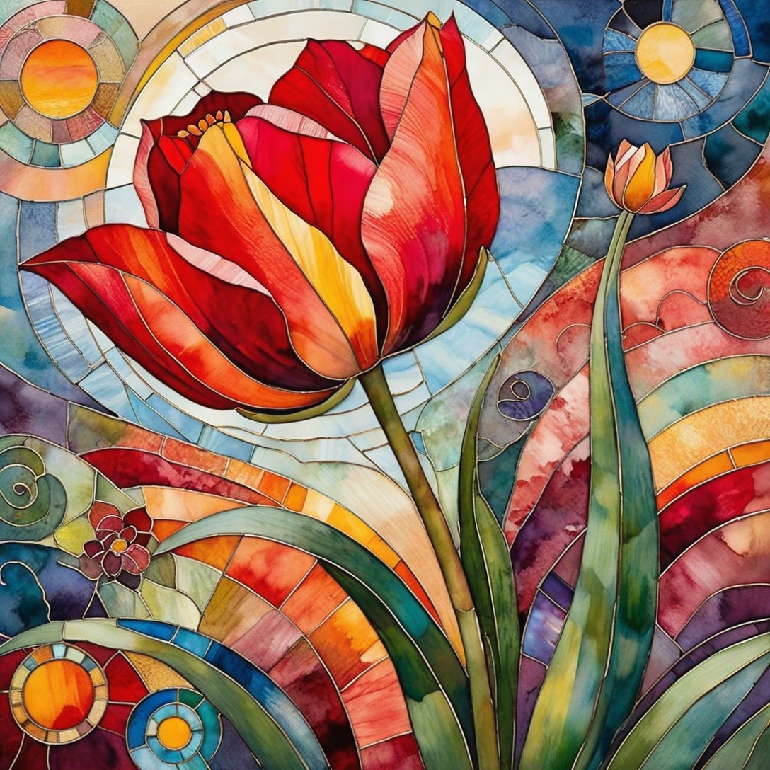 Vibrant Mosaic Painting of Tulips in Sunlit Field