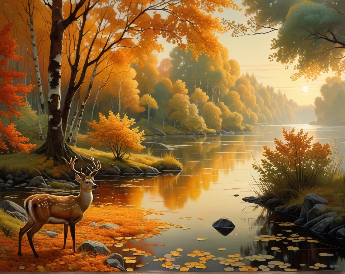 Serene Autumn Landscape with River and Deer