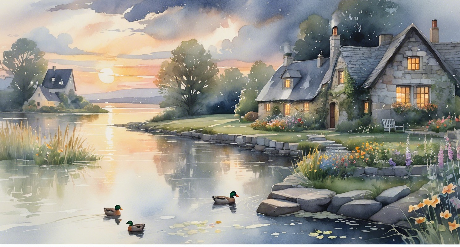 Watercolor Painting of Lakeside Village at Sunset