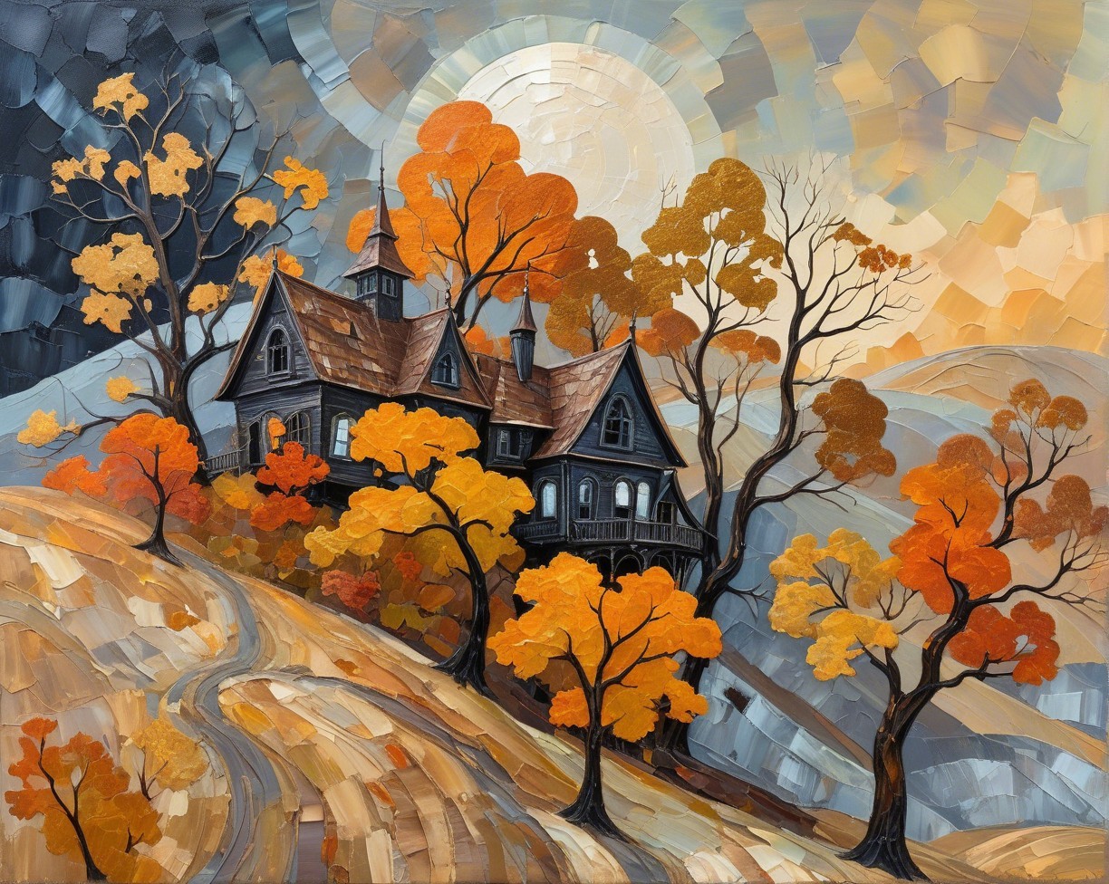 Impressionistic Halloween Landscape with Haunted Mansion