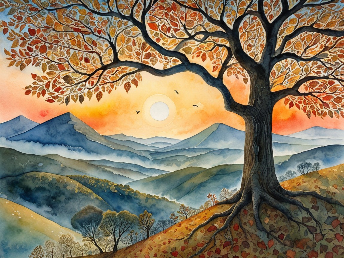 Majestic tree with autumn leaves at sunset landscape