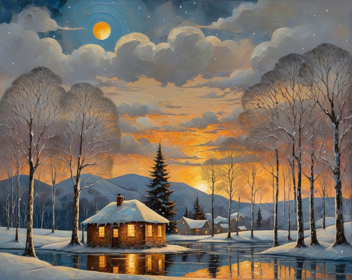Vibrant Oil Painting of a Winter Landscape at Twilight