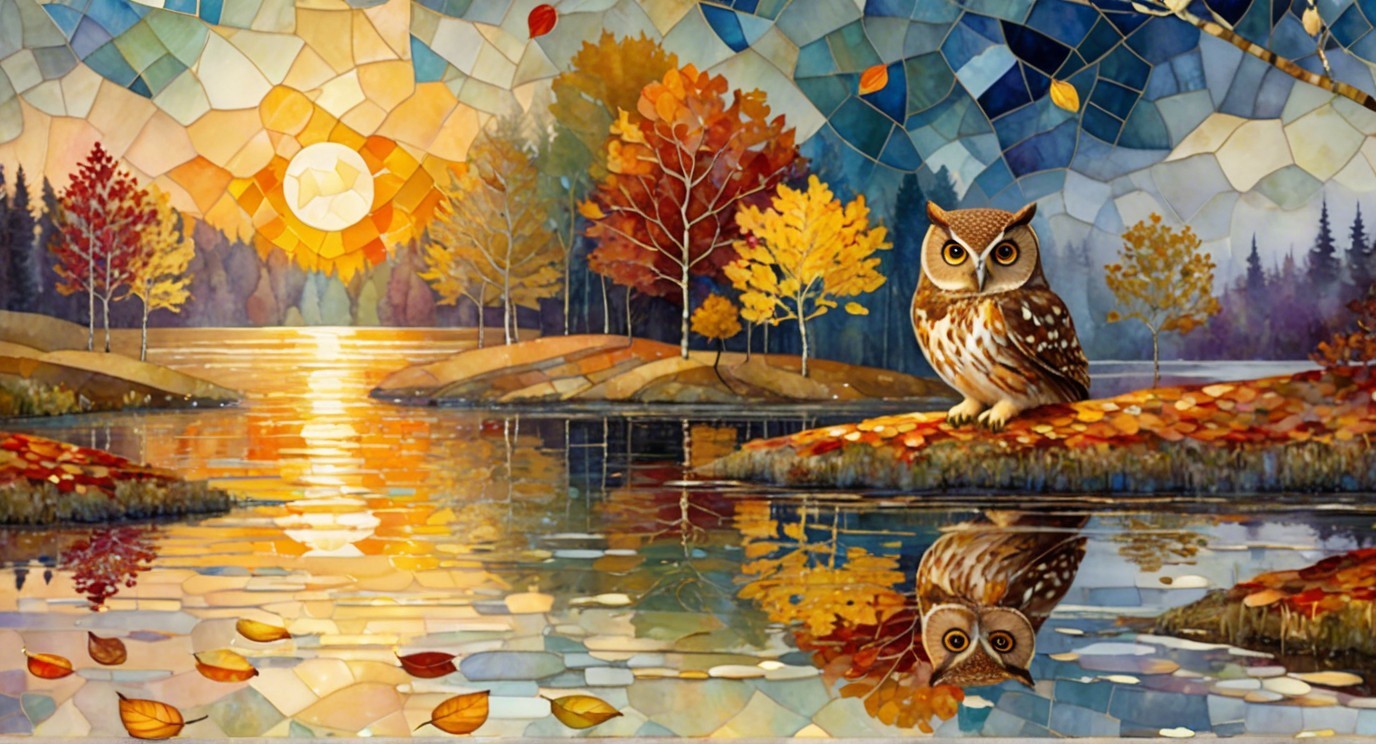 Stained Glass Depiction of Sunset Over a Lake