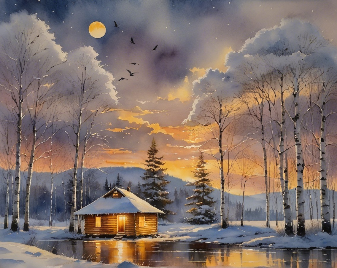 Winter Landscape with Cabin and Reflective Water