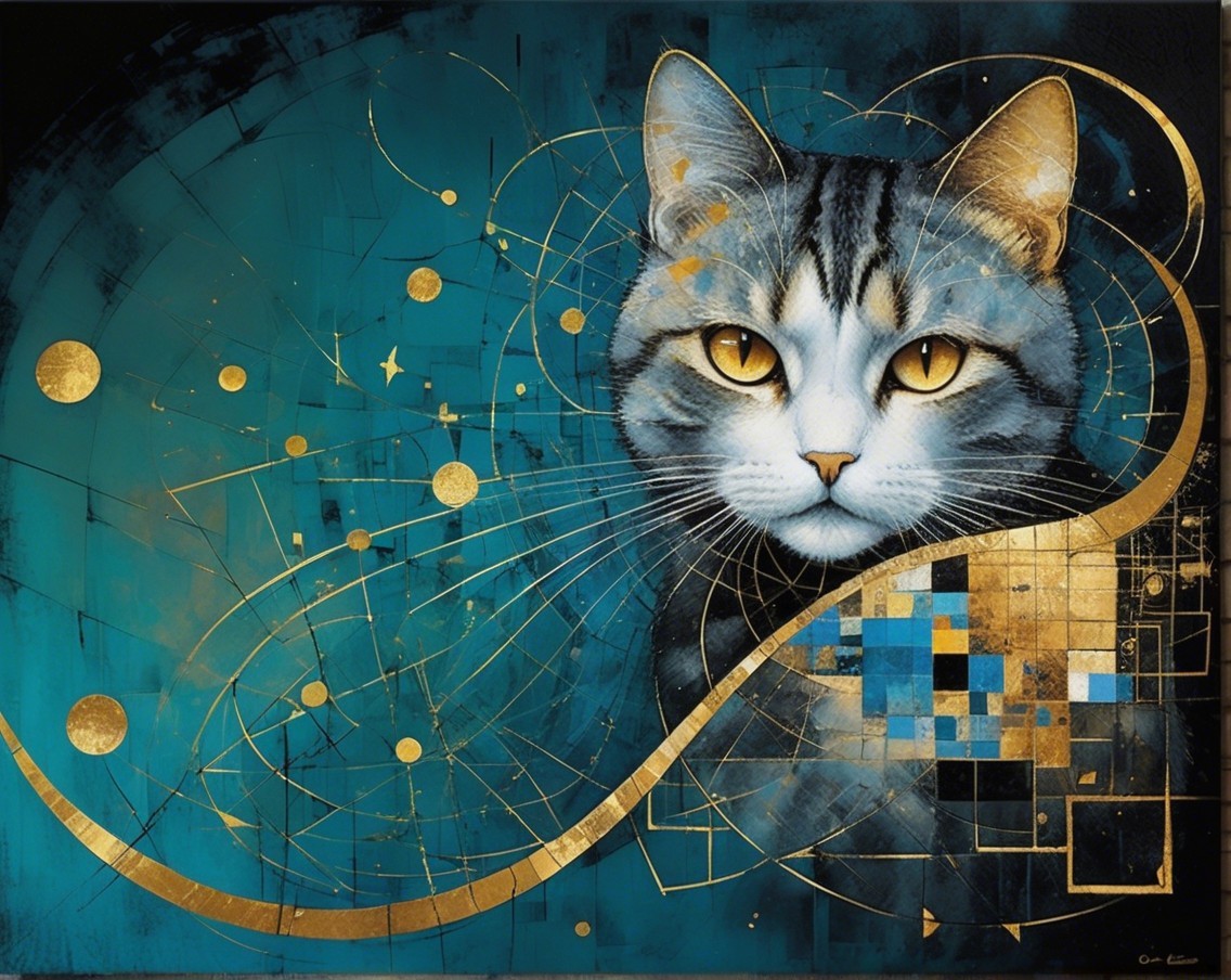 Stylized Cat Portrait with Golden Eyes and Abstract Design