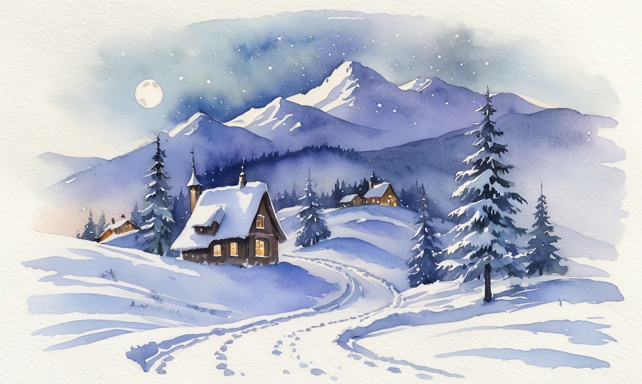 Serene Winter Landscape with Snowy Mountains and Cottages