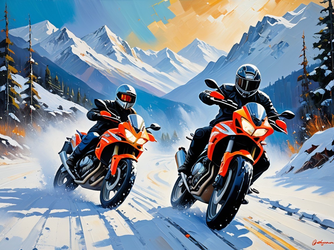 Motorcyclists on Orange Bikes in Snowy Landscape