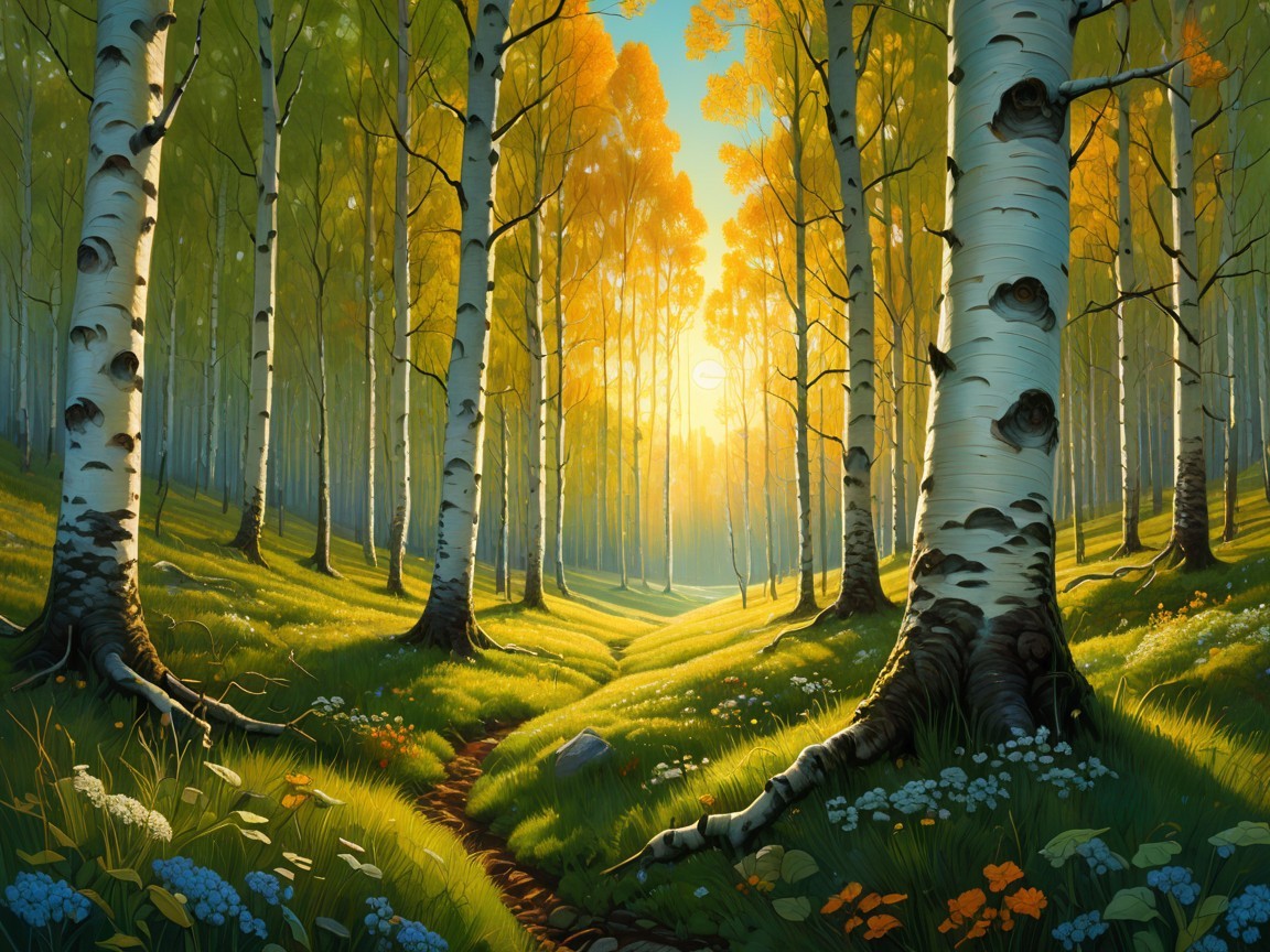 Tranquil Forest Scene with Birch Trees and Wildflowers