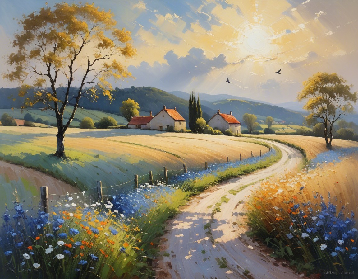 Serene Countryside Scene with Cottages and Wildflowers