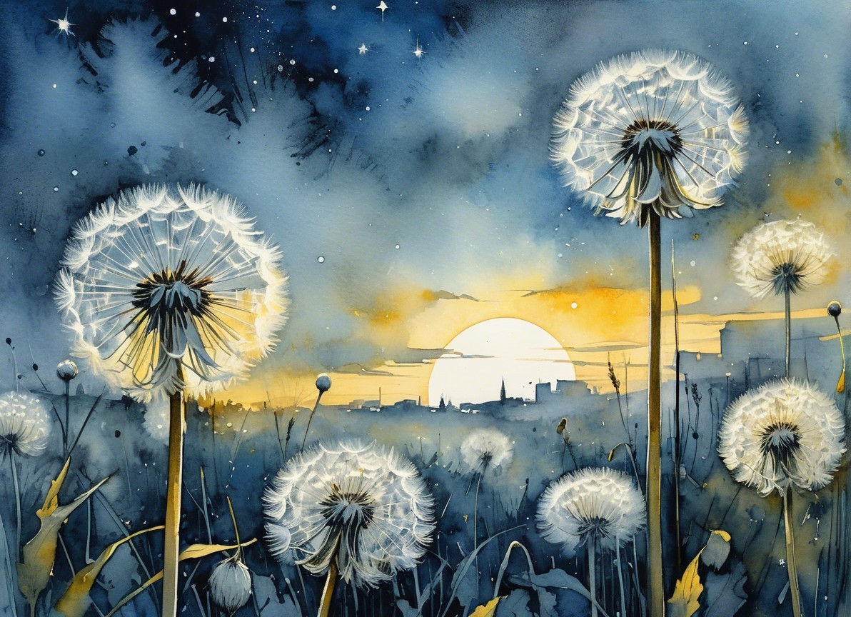 Watercolor Landscape with Dandelions at Sunset