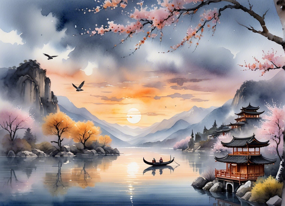 Watercolor Landscape of Lake at Sunset with Cherry Blossoms