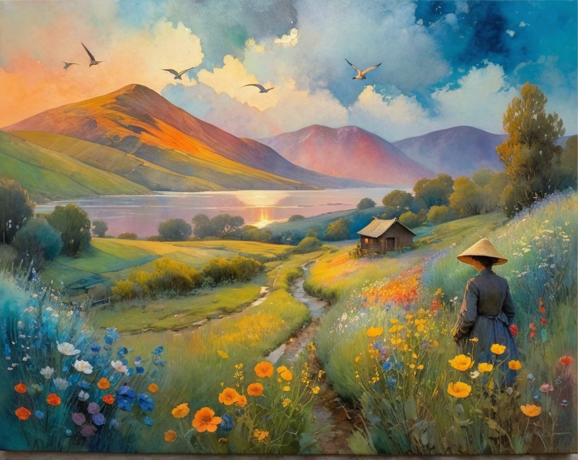 Vibrant Wildflowers and Serene Landscape at Sunset