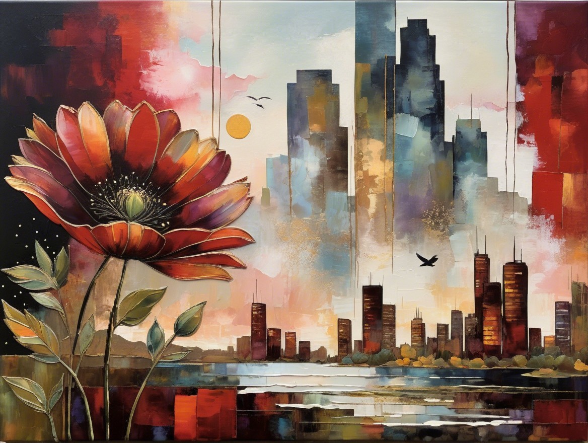 Vibrant Landscape with Flower and Skyline Silhouette