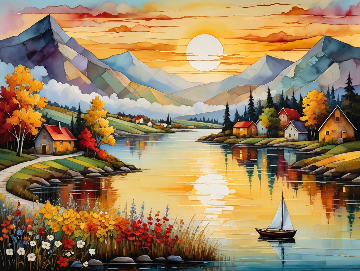 Vibrant Sunset Landscape with Autumn Trees and Lake