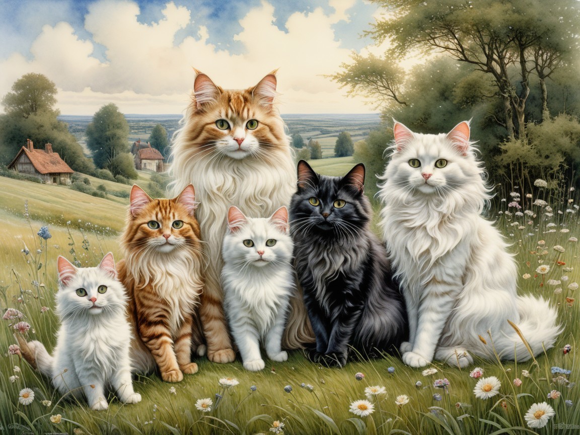Seven Cats in a Lush Green Meadow with Wildflowers