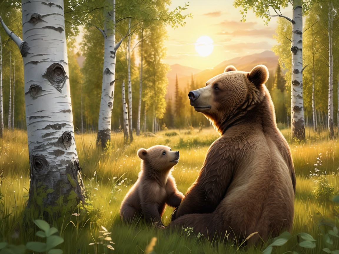Mother Bear and Cub in Serene Sunset Landscape