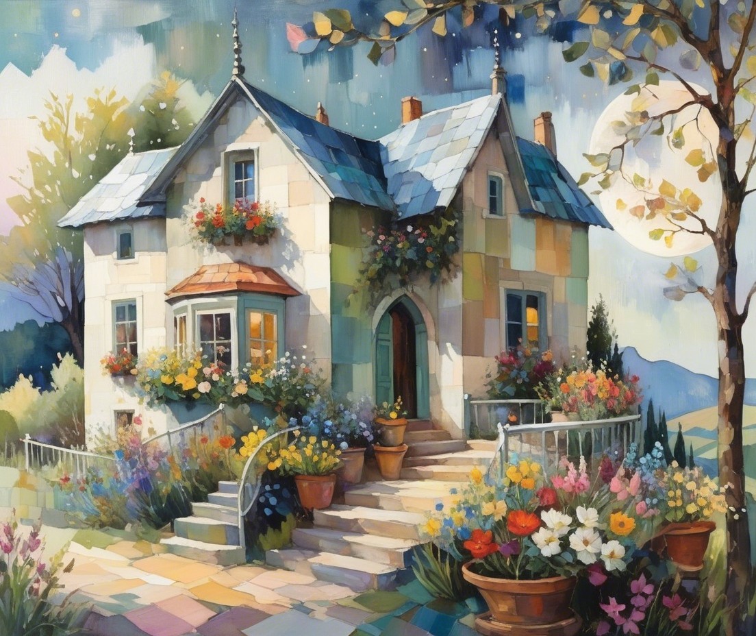Whimsical House Surrounded by Colorful Flower Garden