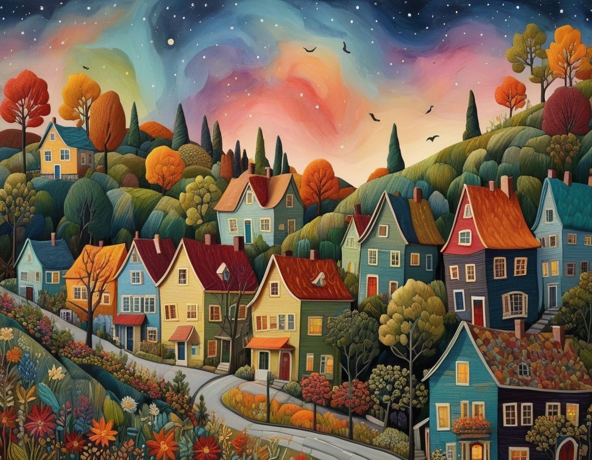 Whimsical Village Landscape with Autumn Colors