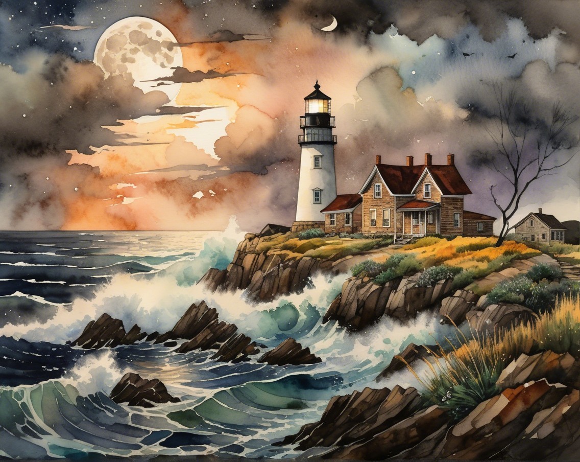 Lighthouse on Cliffs Under Moonlit Sky and Waves