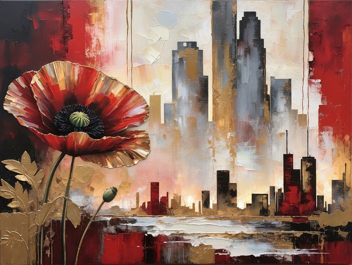 Textured Painting of Red Poppy with City Skyline