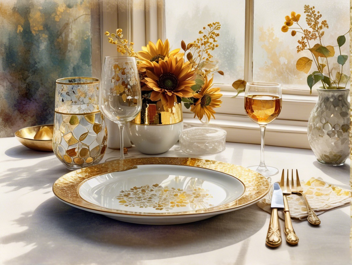 Elegant Table Setting with Golden Dinnerware and Flowers