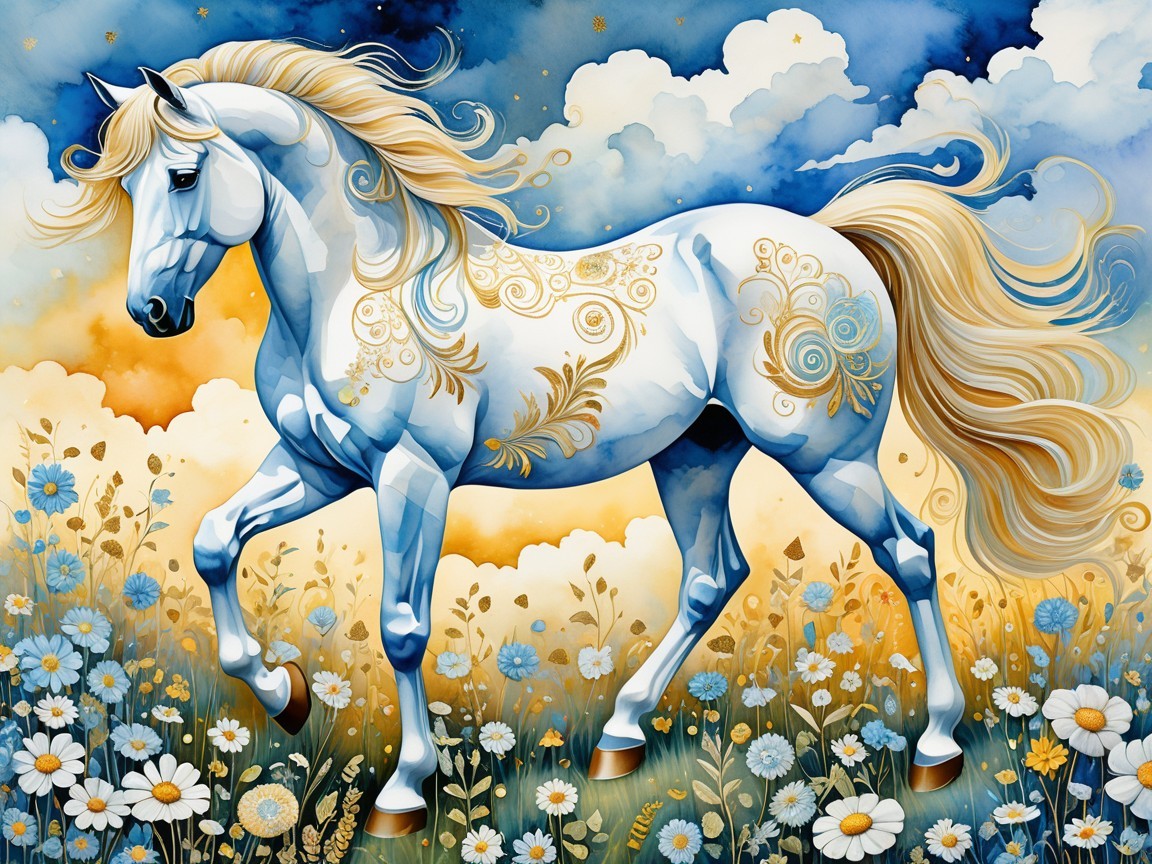Majestic white horse in a vibrant floral landscape